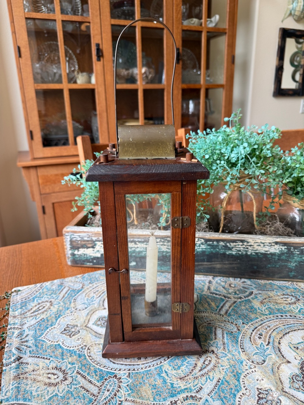 Wood Glass Brass Taper Candle Lantern Pegged Primitive Colonial Vintage